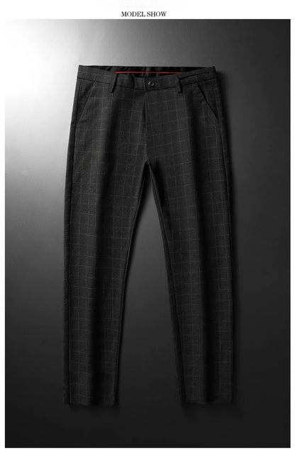 Spring Summer Business Men's Casual Pants Fashion Grid Design Versatile Comfortable Slim Straight Legs Elastic Male Trousers