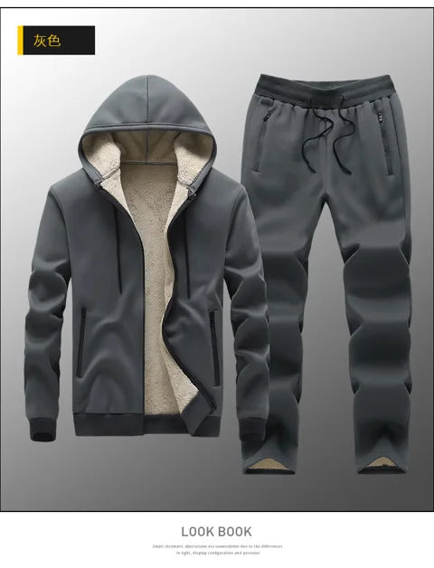 Hooded lambskin medium and elderly large size warm suit with plush thick hoodie jacket+thick pants two-piece set