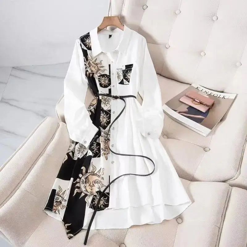 Print Vintage A-Line With Belt Loose Polo Neck Women's Dress Single-Breasted Knee Length Dresses For Women Clothing 2024 Fashion