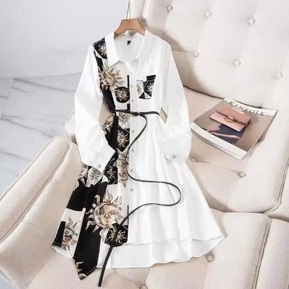 Print Vintage A-Line With Belt Loose Polo Neck Women's Dress Single-Breasted Knee Length Dresses For Women Clothing 2024 Fashion