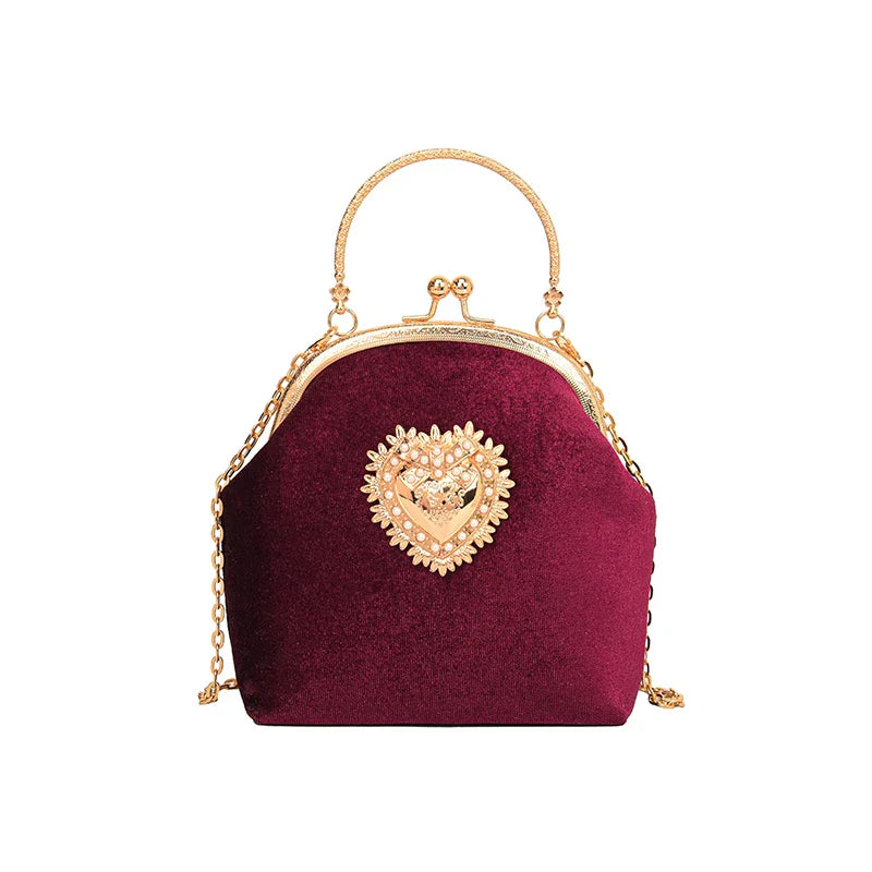 Velvet Frame Heart Dinner Hand Bags Diamonds Chains High Quality Shoulder and Crossbody Bags for Women 2024 Fashion Hot Sale