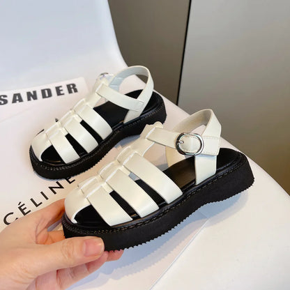 Children's Summer Sandals Girls Woven Baotou Princess Shoes Non-slip Hollow Roman Soft Sole Leather Shoes Buckle Roman Slippers