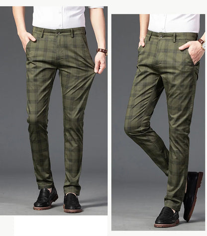 Brand Clothing Mens Casual Pants Fashion Plaid Classic Business Formal Trousers Elastic Straight Social Luxury Suit Pants