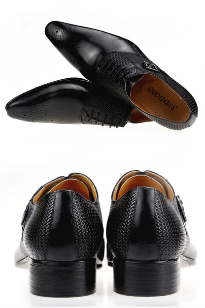 Mens Formal Genuine Leather Shoes Fashion Zapato Social Male Wedding Dress Loafer Weave Printing Lace-up Daily Brogue Shoes