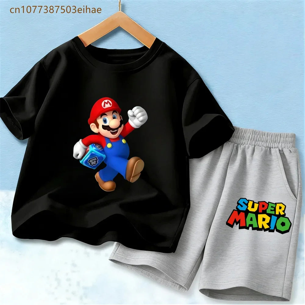Kids Mario Graphic Short Sleeve T Shirt And Shorts Set Lightweight Summer Sport Costume Boys Girls Casual Home Outdoor Clothes