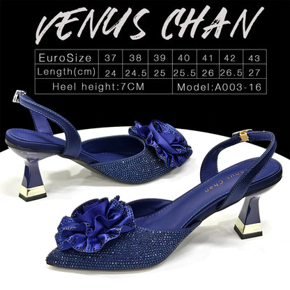 Elegant Shiny Dark blue Handbag and Medium Heel Shoes Set with Beautiful Handmade Flowers for Weddings and Parties