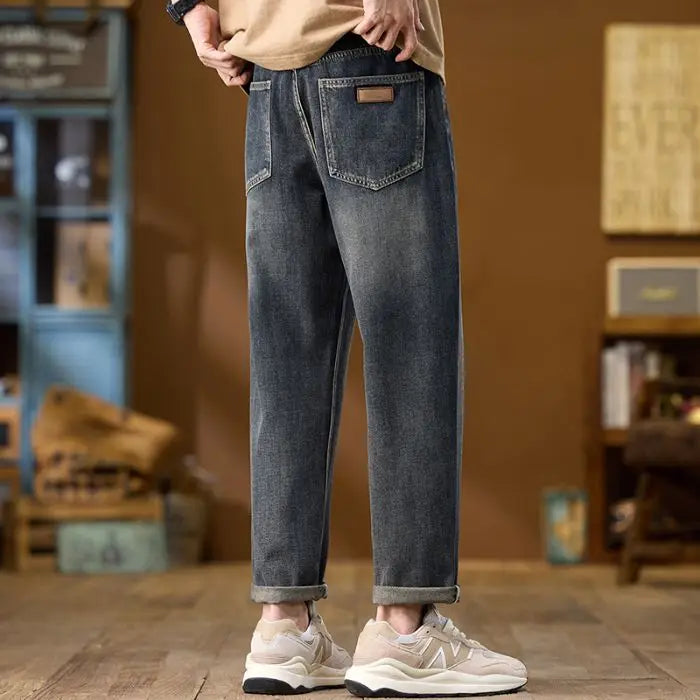 Jeans Denim Straight Pants Men Washed Distressed Mid Waist Pockets 2025 Streetwear Basics Ankle Length Trousers Vintage Denims