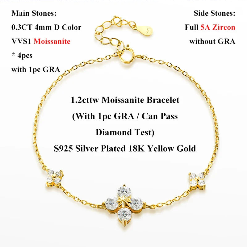 Lucky Clover GRA Certified 1.2cttw D Color Moissanite Diamond Bracelet for Women 925 Silver Plated 18k Hand Link Bracelets
