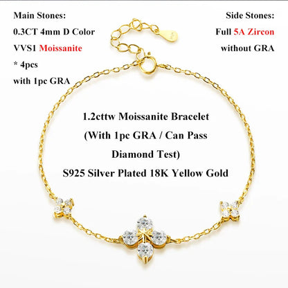 Lucky Clover GRA Certified 1.2cttw D Color Moissanite Diamond Bracelet for Women 925 Silver Plated 18k Hand Link Bracelets