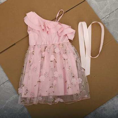 Girls Baby England Style Dresses Kids Lotus Leaf Sloping Shoulder Suspender A-line Skirt Summer Children Fashion Party Clothes