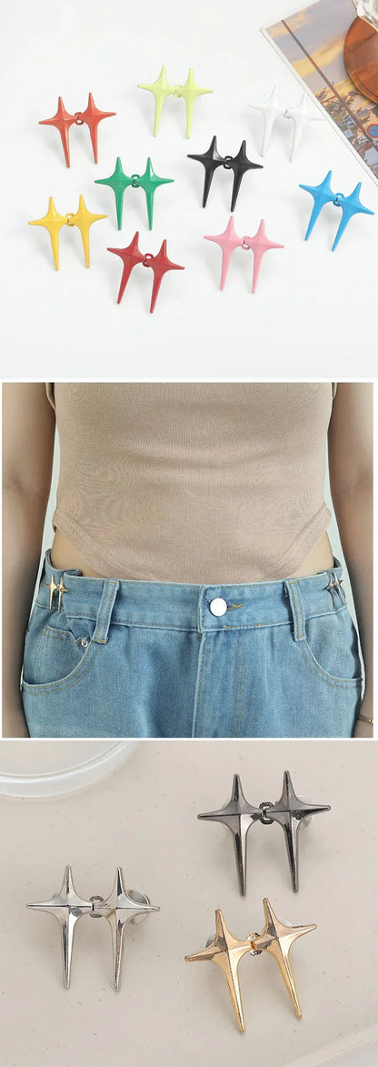 1Pair Cross Star Waist Buckle Adjustable Detachable Pants Clips Waist Tightener Nail-free Metal Button Snaps for Jeans Decor