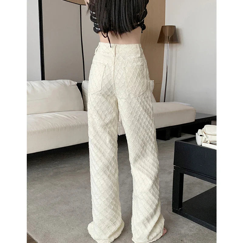 White High Waisted Diamond Checkered Floral Jeans