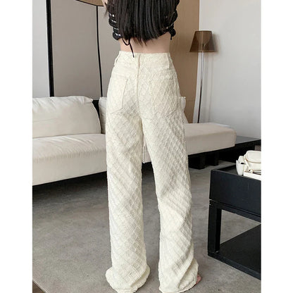 White High Waisted Diamond Checkered Floral Jeans