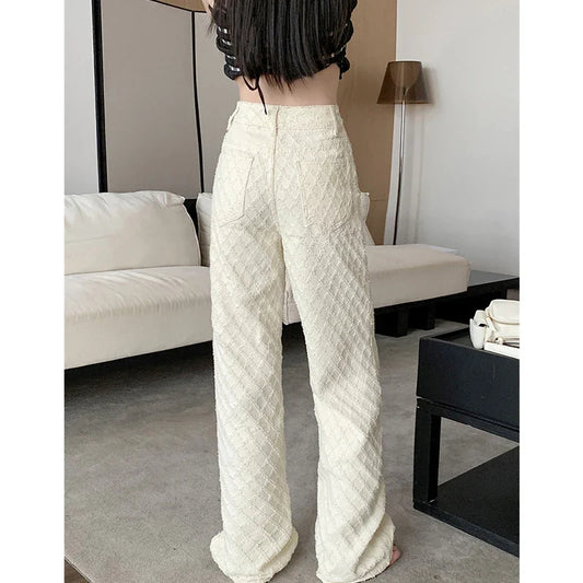 White High Waisted Diamond Checkered Floral Jeans