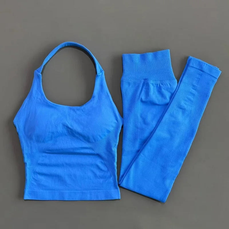 2 Piece Active Set Women Open Back Halter Top Peach Butt Lifting Leggings Seamless Soft Stretchy Gym Yoga Fitness Outfits