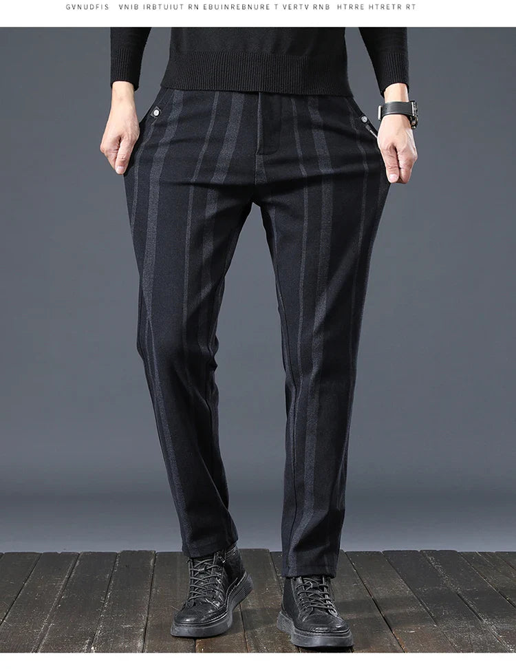 Autumn New Men's Slim Casual Pants  Fashionable Fit Elastic Business Pants High Quality Stripe Classic 3-colors Male Trousers