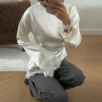 Women's Satin Blouse With Lace Trim Fashion O-neck Long Sleeve Lace Up Waist Irregular Tops 2026 Spring New Chic Lady Streetwear