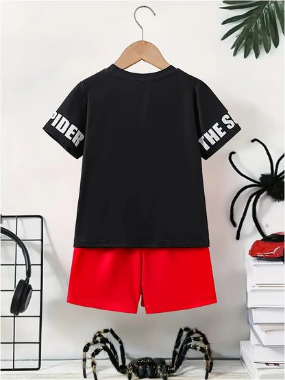 Trendy and Cool Spider Print Comfortable Versatile Casual Summer Boys' Round Neck Short Sleeve T-shirt and Shorts 2pcs Set for O