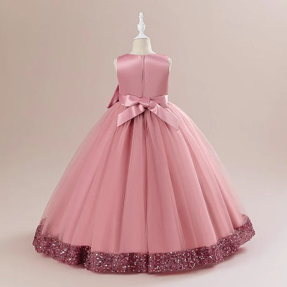 Teen Girls Luxury Big Bow Evening Gown Wedding Bridesmaid Party Dress For Girl Kids Sequin Princess Birthday Dresses Summer Wear