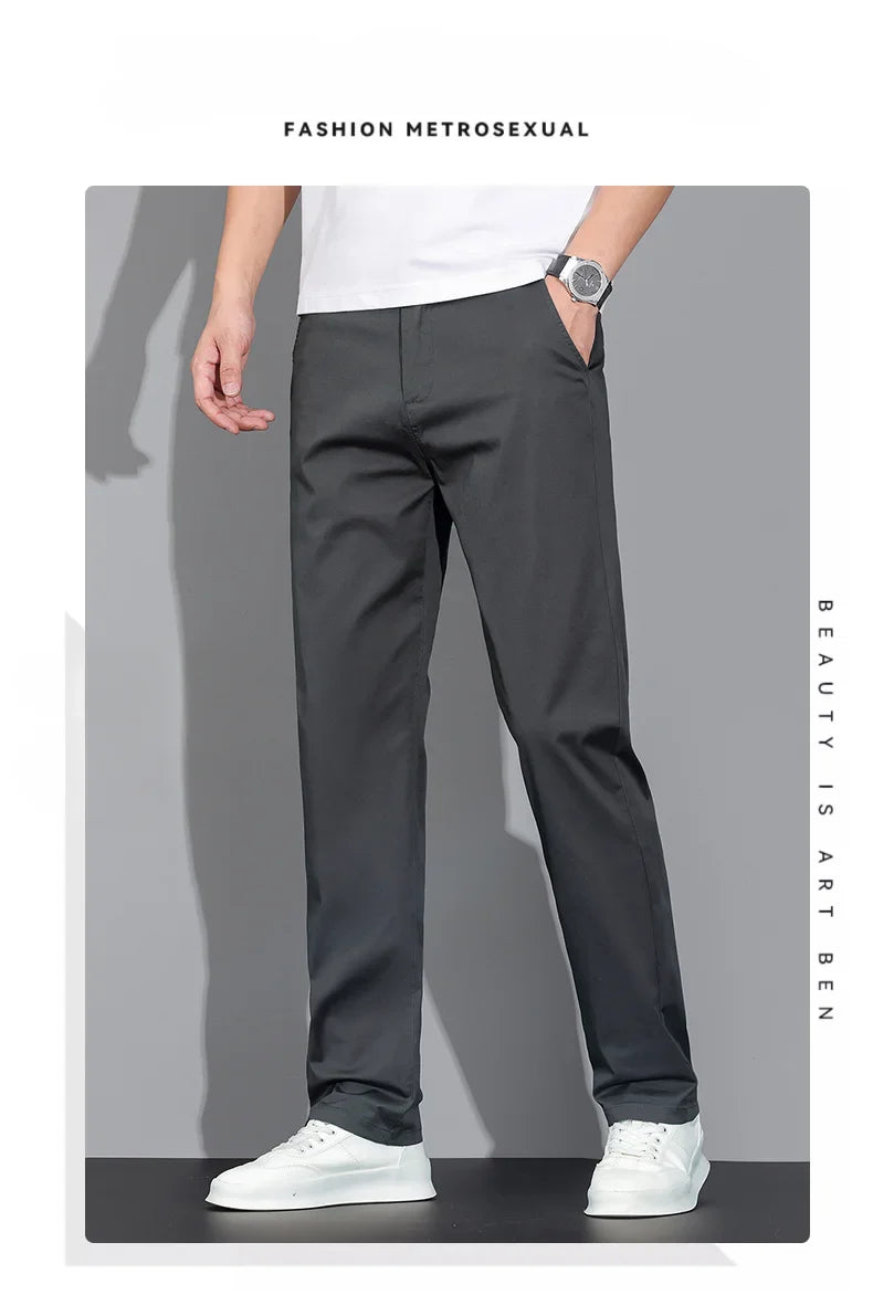 New Men's Business Cotton Thin Straight Pants Casual Elastic Slim Comfortable Male Brand Trousers Black Gray Khaki Royal Blue