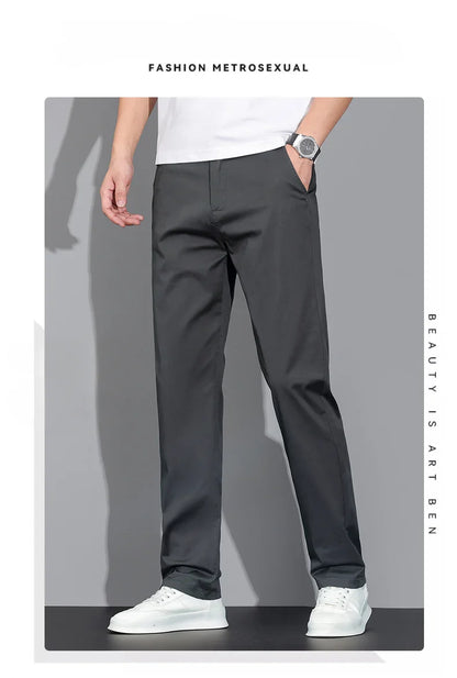 New Men's Business Cotton Thin Straight Pants Casual Elastic Slim Comfortable Male Brand Trousers Black Gray Khaki Royal Blue