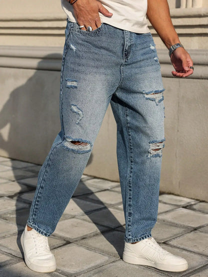 Men's blue ripped jeans, retro distressed beggar pants, street trend loose harem pants