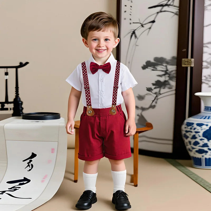 Baby Boys Gentleman 2pcs Summer Outfit Shirt Suspender Pants Set Formal Birthday Wedding Party Toddler Kids Gentleman Clothes