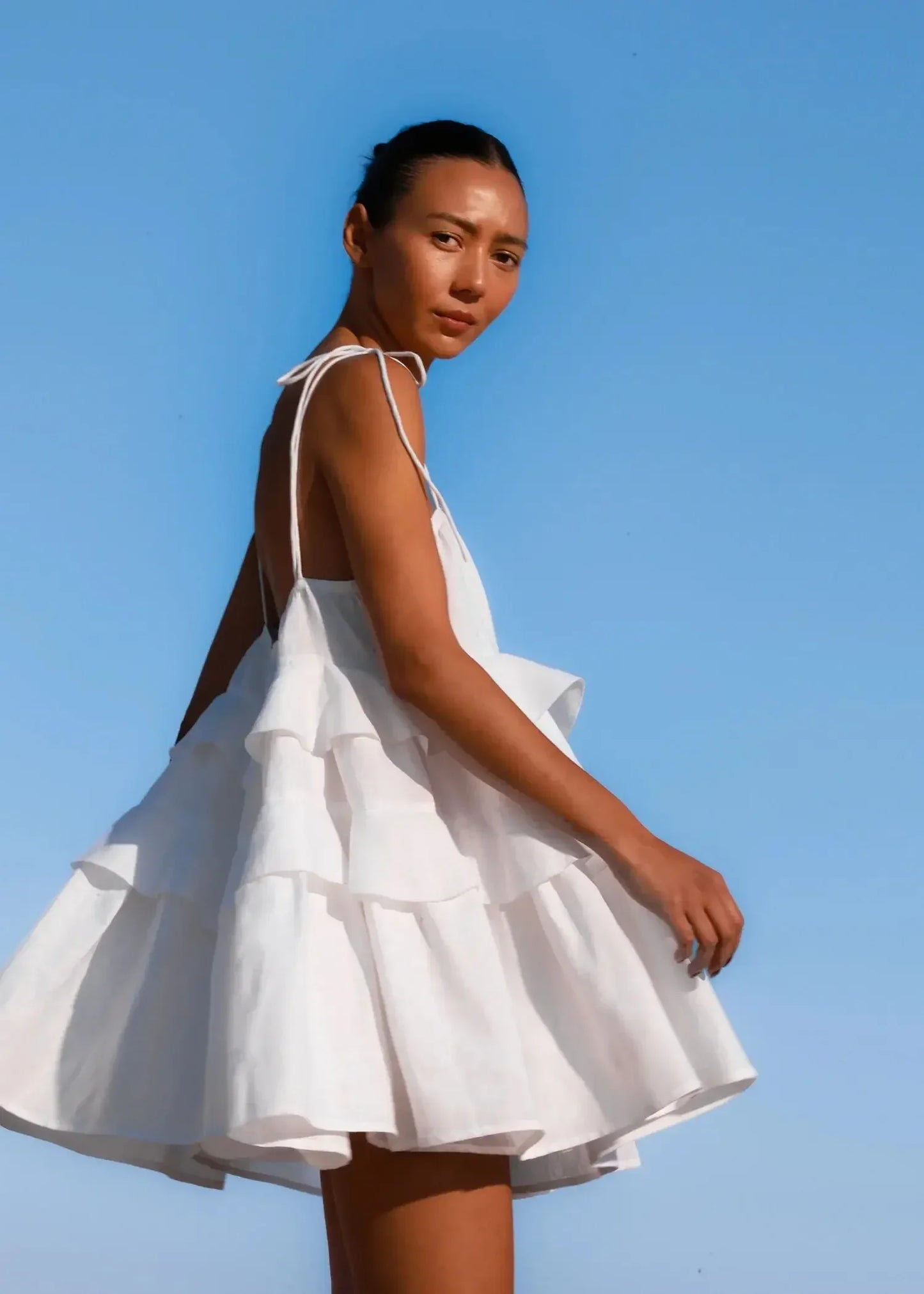 Loose White 100% Cotton Women's Dress Summer Strap Sleeveless Mini Dresses Classic Ruffle Female Beach Dress