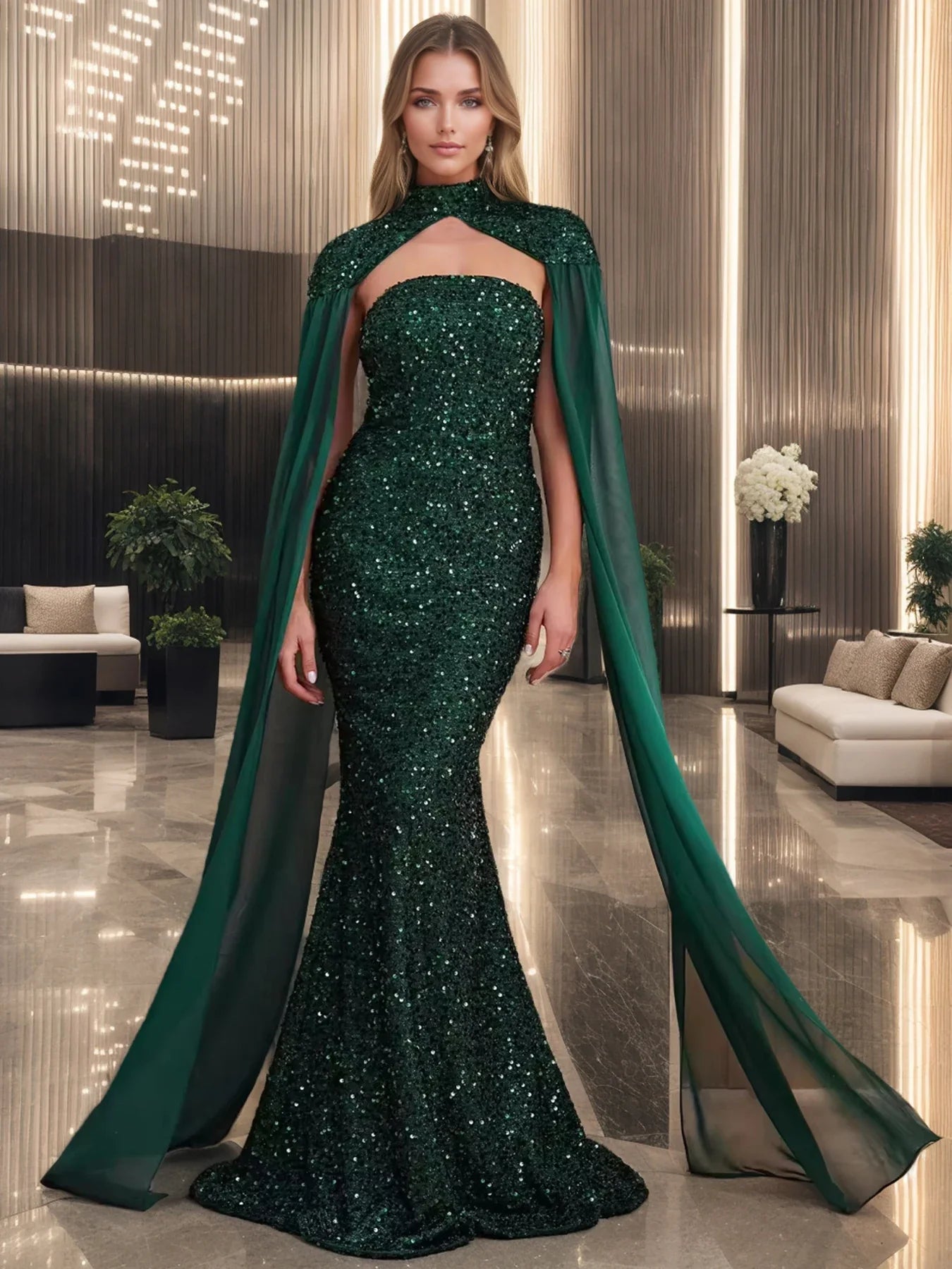 Elegant Women Detachable Shawl Strapless Evening Prom Dresses Sequins Sleeveless Birthday Wedding Party Dress Summer