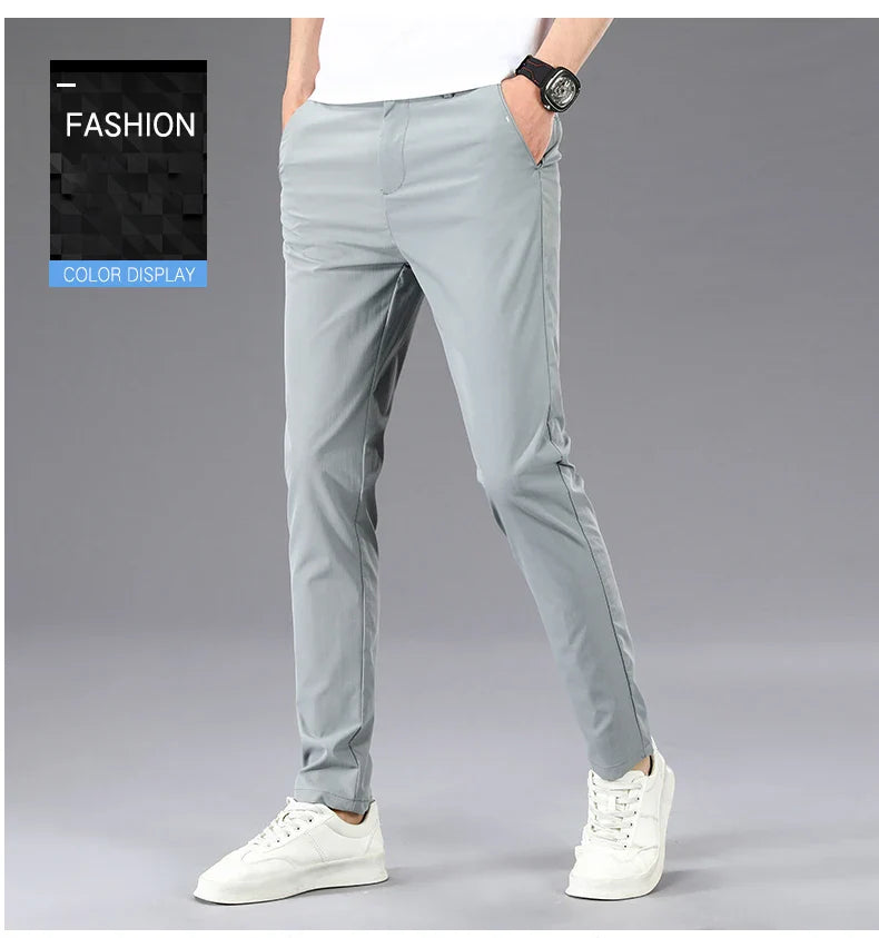 Business Thin Men's Breathable Pants Slim Straight High Elastic Slim Casual Pants Male Brand Clothing Khaki Gray Green Black