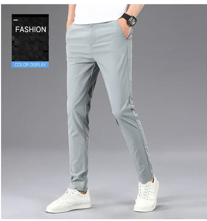 Business Thin Men's Breathable Pants Slim Straight High Elastic Slim Casual Pants Male Brand Clothing Khaki Gray Green Black