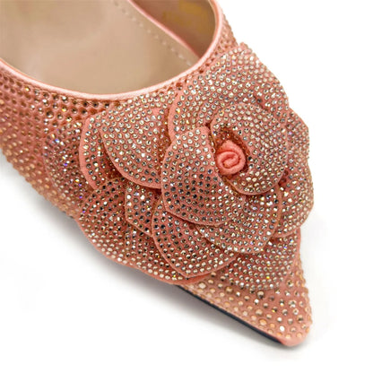 Evening Shoes and Bags Set with Full Diamond Handmade Petal Clutches Pointed Toe Peach Color Mid-Heel Women Shoes