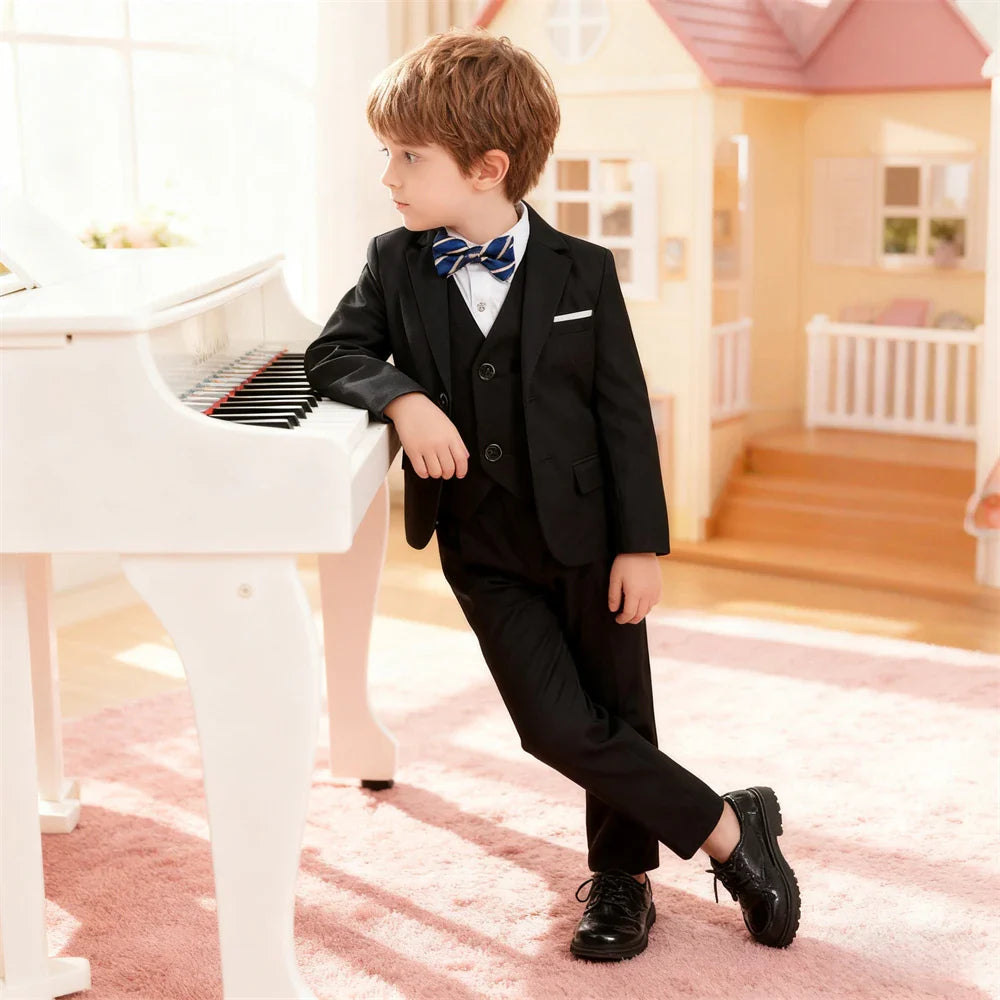 Boys'4-Piece Suits Regular Fit Tuxedo Formal Slim Fit Boys Suit Set Adjustable Waist Piano Suits Jacket Pants Vest Bowtie