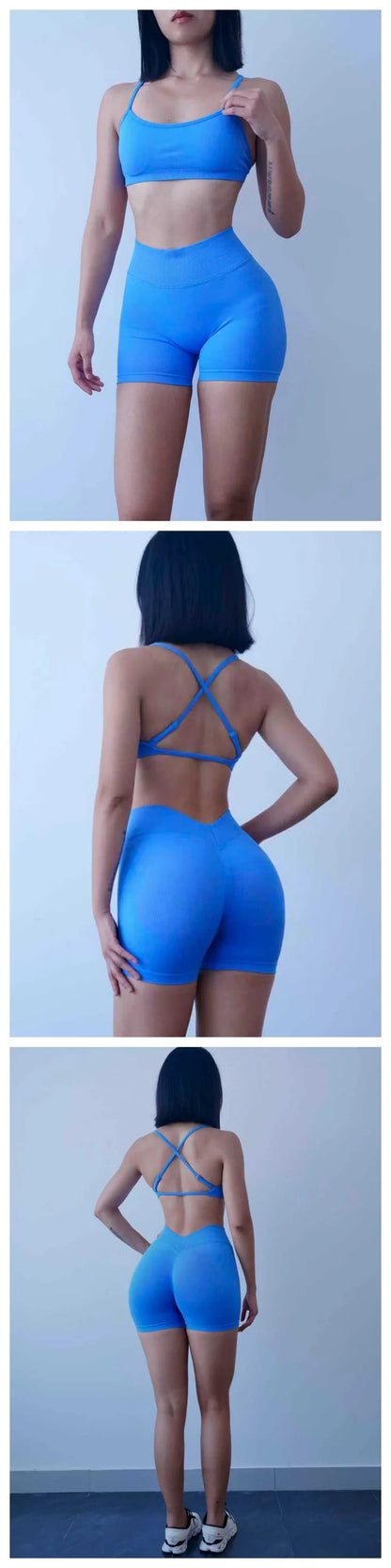 New Women's Seamless Workout Sets Thin Strap Back Sports Bra & 3-Inch Shorts, Quick Dry Gym Yoga Outfits