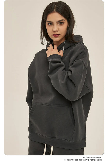 Thick 350gsm Fleece Hooded Hoodies For Men Unisex Winter Oversized Loose Basic Solid Sweatshirts Pullovers Coats HY0631