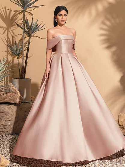 Off-the-shoulder satin dress with back tie, elegant and chic dress