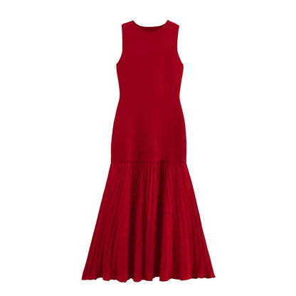 Spring Summer New Women's Dress Pleated Patchwork Simple Temperament Knitted Sleeveless Long Dresses for Women 2025