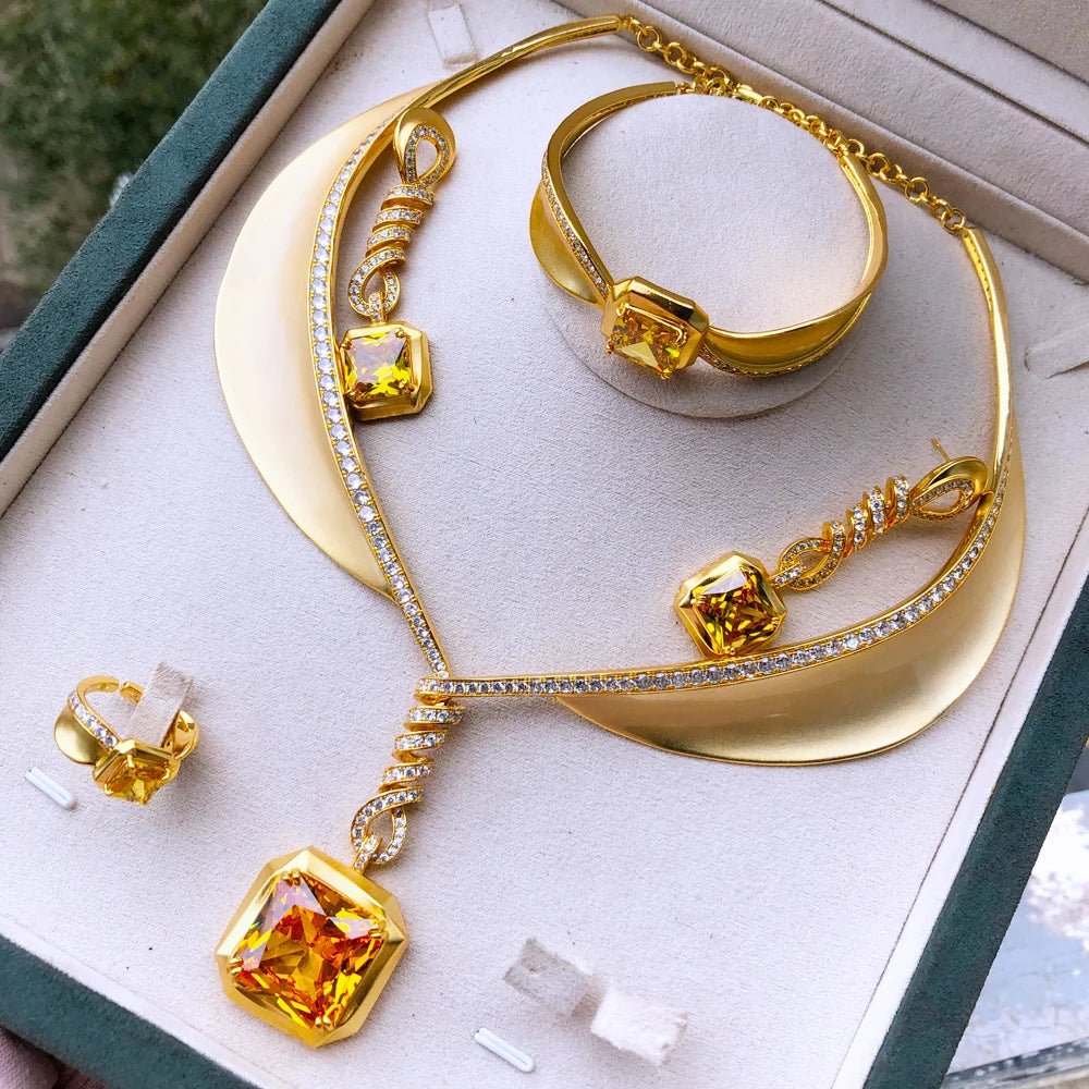 Famous Brand 4PCS Green CZ Luxury African Jewelry Set For Women Wedding Party Zircon Crystal Dubai Bridal Jewelry Set Gift