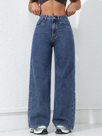 Women Solid Straight Wash High Elastic Waist Denim Pants
