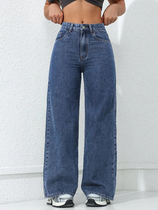 Women Solid Straight Wash High Elastic Waist Denim Pants