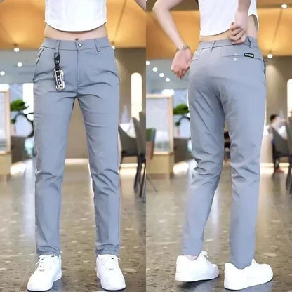 Summer Pants Ice Silk Men's Casual Simple Khaki Black Slim Straight Stretch Trousers Business Casual Male Clothing Pant