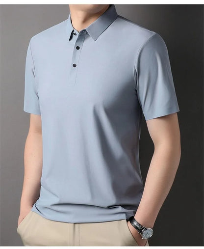 High quality wrinkle resistant ice silk short sleeve t-shirt men's summer Lapel loose casual solid color top high-end polo men