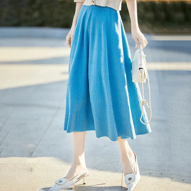 Autumn And Winter High Waist 100% Pure Wool Skirt Female Slim Long Knitted Wool Skirt Loose Wearing A-Line Skirt