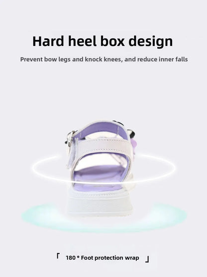 Kids'Sandals Kuromi PU Leather Bow Flat Spring Shoes For Girls Anti-slip Soft Thick Bottom White Black Shoes Size 25-36