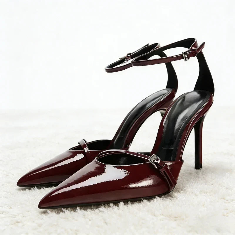 Ankle Strap Thin High Heels Women Summer Patent Leather Luxury Banquet Wedding Shoe Elegant Pointed Toe High Heeled Sandals