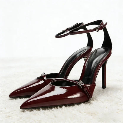 Ankle Strap Thin High Heels Women Summer Patent Leather Luxury Banquet Wedding Shoe Elegant Pointed Toe High Heeled Sandals