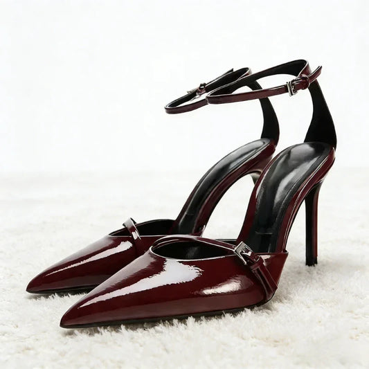 Ankle Strap Thin High Heels Women Summer Patent Leather Luxury Banquet Wedding Shoe Elegant Pointed Toe High Heeled Sandals