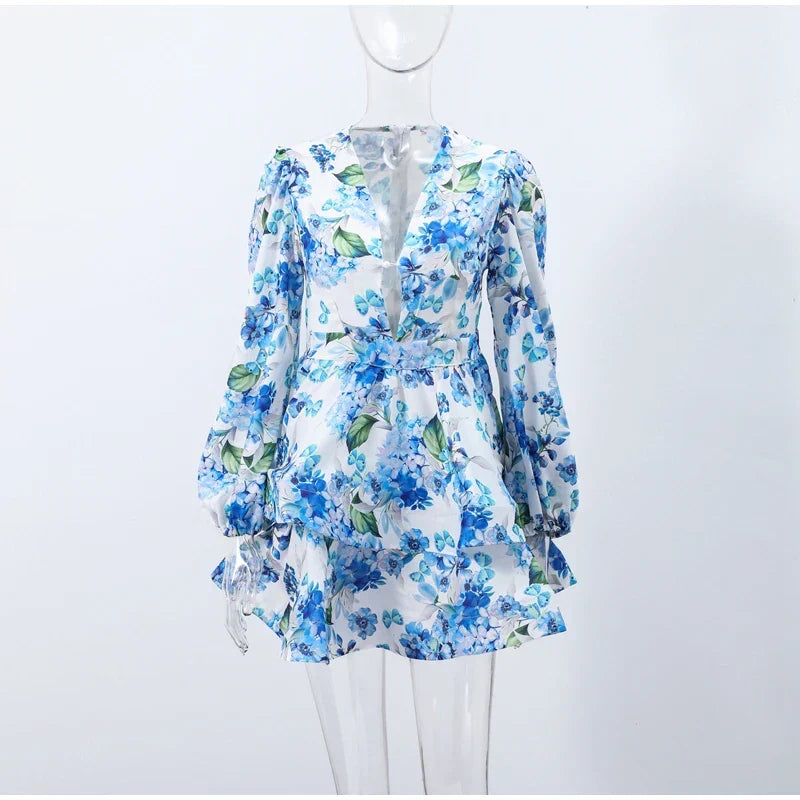 Backless Party Dress Women Elegant 3D Flower Print Sling Lace Up Ruffle A-line Mini Evening Dresses Female 2025 Summer Swimwears