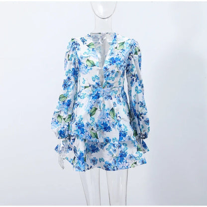 Backless Party Dress Women Elegant 3D Flower Print Sling Lace Up Ruffle A-line Mini Evening Dresses Female 2025 Summer Swimwears