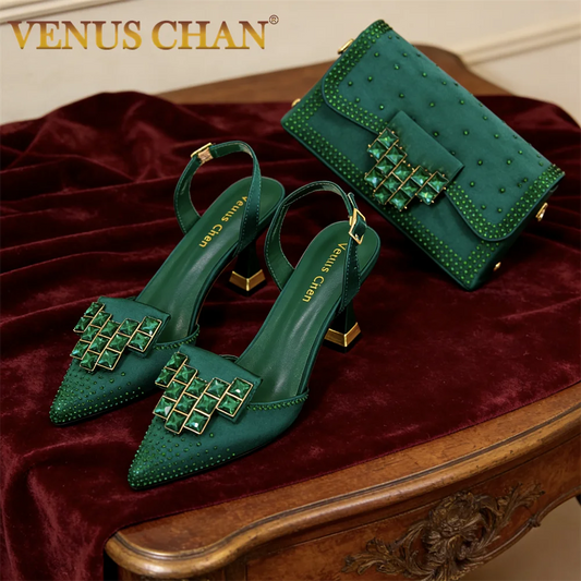Women’s Green Rhinestone High Heel Shoes with Matching Bag - Stylish Pointed-Toe Footwear for Parties and Special Occasions